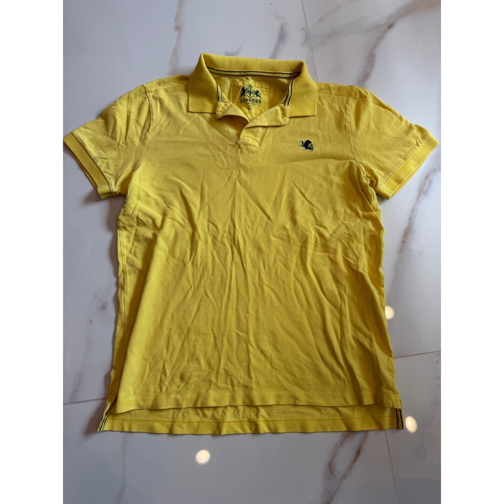 Express Mens Yellow Pique Polo Shirt Short Sleeve Lion Logo Size Large‎